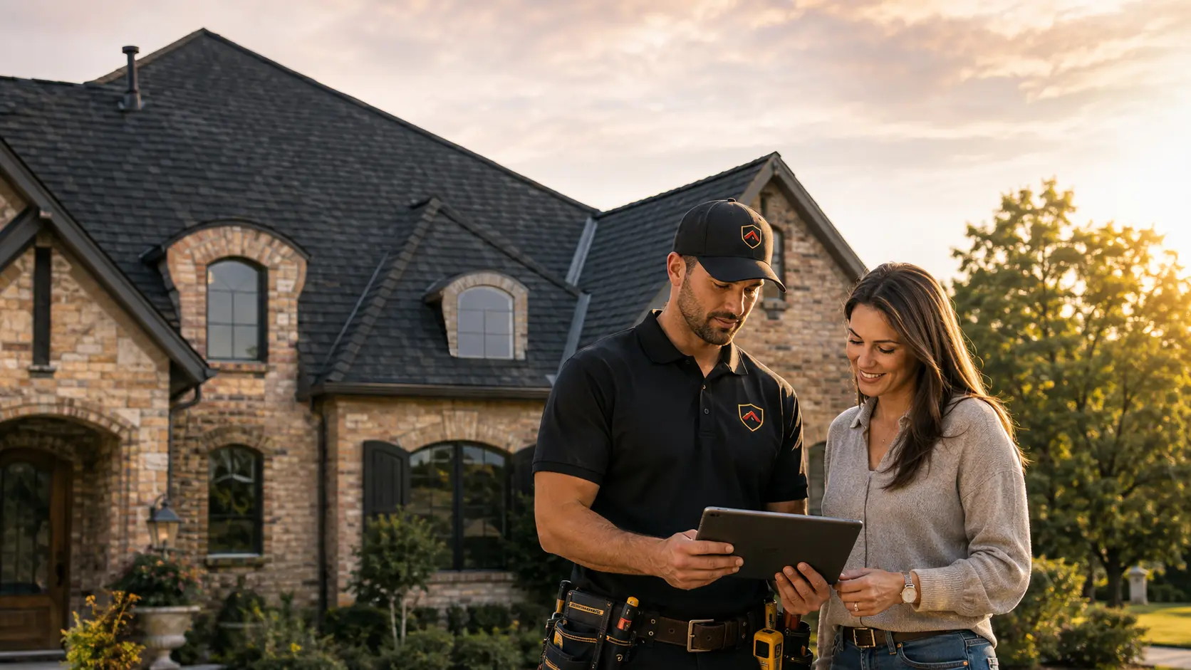 Roofing specialist reviewing the project plan with a homeowner in front of her Dallas-area home