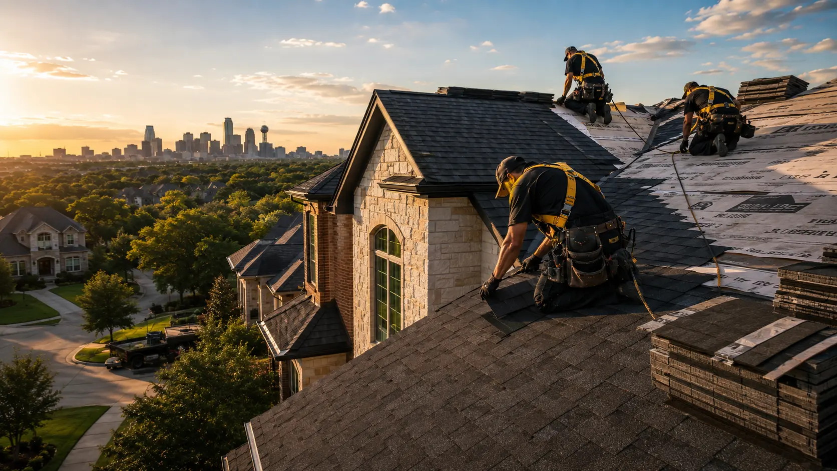 Roofing crew installing new asphalt shingles on a residential roof
