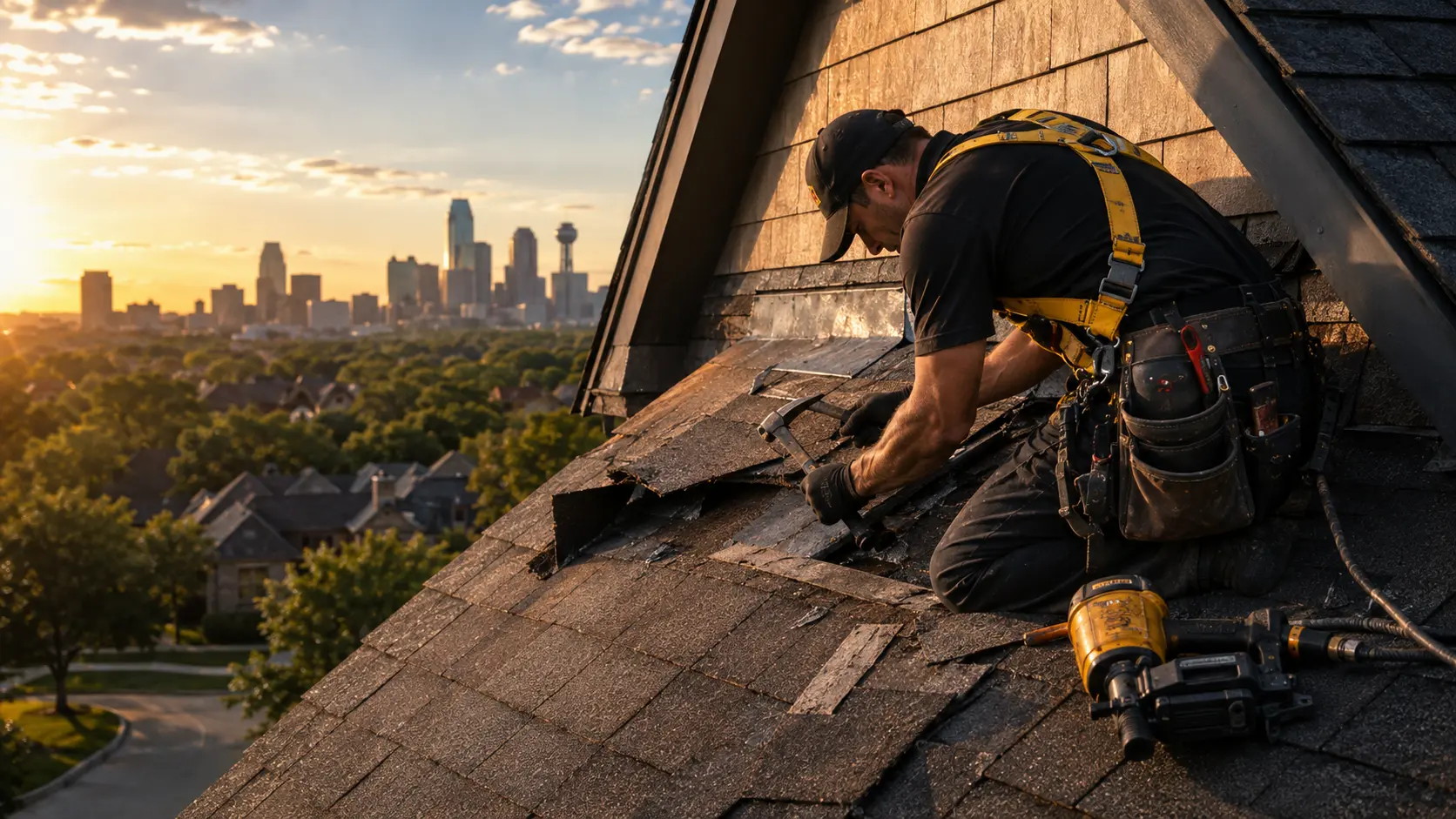 Roofer repairing shingles and metal flashing around a roof vent