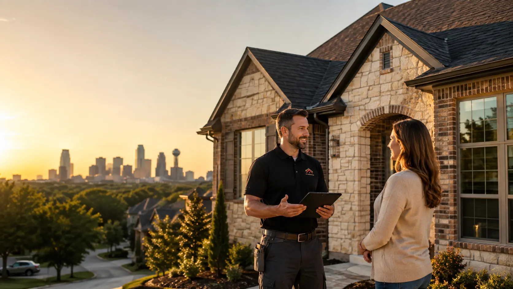 Roofing specialist explaining the proposal to a homeowner with the Dallas skyline behind